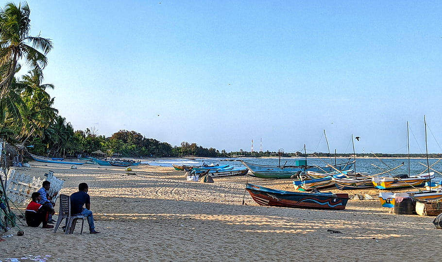 pláž, lodí, arugam bay, západ slunce, palmy, rybářské lodě, písek, lidé, oceán, uklidnit, večer
