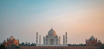 Taj Mahal, Indie, panoramatický výhled, západ slunce, Kultovní mauzoleum, čisté nebe, agra, historická památka, architektura, cíl cesty, světového dědictví