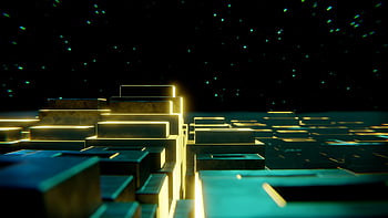 futuristic city, computer generated image, digital landscape, illuminated blocks, starry backdrop, futuristic architecture, digital art, cyberpunk, sci-fi, night scene, neon lights