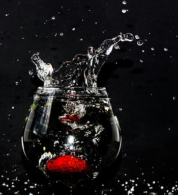 Erdbeere, plantschen, Wasser, Trinkglas, Dynamische Tröpfchen, schwarzer Hintergrund, Obst, Flüssigkeit, Hochgeschwindigkeitsfotografie, Action-Schuss, Erfrischung