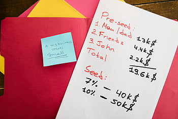 hvitt skriverpapir, rød tekstil, håndskrevne notater, før-såkornfinansiering, såkornfinansiering, motiverende post-it-lapp, skrivebord, forretningsplanlegging, økonomiske merknader, Oppstartsfinansiering, Rød mappe