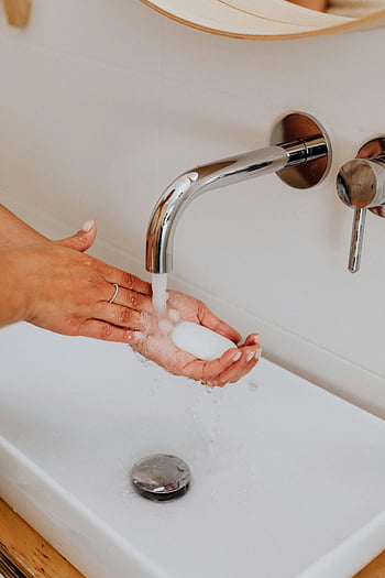 hands with soap, washing hands, modern bathroom sink, running water, close-up view, soap bar, hygiene, clean hands, faucet, sink, water flow