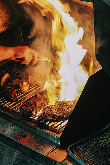 lángok, kerti sütés, steak, roston sütés, nagy lángok, Atlanta barbecue, közelkép, rostély, főzés, kültéri főzés, füst