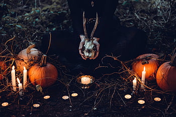 halloween, Brązowa dynia, szara czaszka, pole trawy, Scena niesamowita, świece, Upiorna atmosfera, wystrój na zewnątrz, jesienna dekoracja, Temat sezonowy, Konfiguracja świąteczna