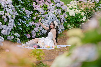 woman, face, flowers, hydrangeas, hoa, vietnam, colorful, pink, bloom, summer, asian