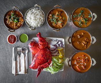 indická kuchyně, ploché ležel, tandoori kuře, Aromatické kari, živé jídlo, Indické šíření jídla, vynikající jídlo, kari jídla, miska rýže, jídelní stůl, fotografování potravin