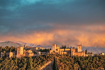 alhambra, granada, krajina, západ slunce, Příroda, hora, palác, historický, mezník, Španělsko, nebe