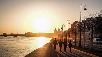 sunset, city, river, evening, company, people, nature, st Petersburg Russia, urban, lights, modern