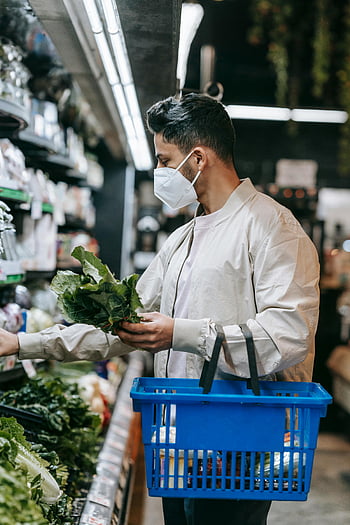 customer, greenery, supermarket, man, mask, fresh greens, pandemic, lifestyle changes, shopping, grocery store, vegetables