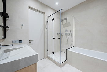 banyo, cam duş, şık tasarım, minimalist estetik, banyo ve duş, lavabonun yakınında, Zarif Banyo, çağdaş banyo, beyaz banyo, temiz tasarım, Modern fikstürler