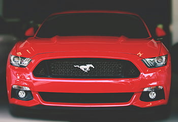 mustang del guado rosso, rosso brillante, Vista frontale elegante, ahmedabad, fotografia automobilistica, design automobilistico, auto sportiva, muscle car americana, macchina classica, vetrina del veicolo, esterno rosso