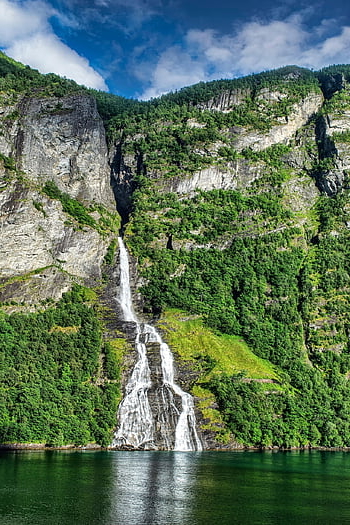 wodospad, Klif, fiord, morze, woda, spada, odbicie, Góra, Natura, sceniczny, Norwegia