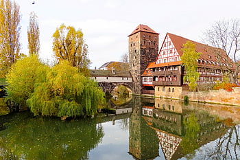 Arsitektur, bangunan, mengalir, kota, nürnberg, menara, tiang penopang, Abad Pertengahan, jembatan gantung, pusat bersejarah, historis