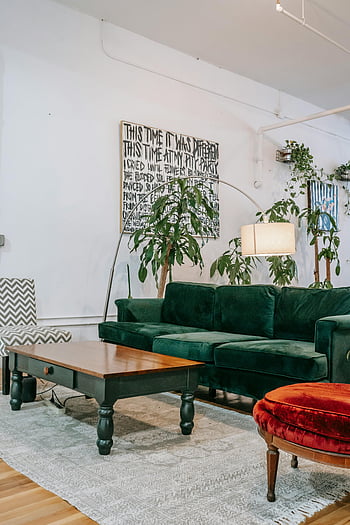 stue, Grøn fløjlsofa, indendørs planter, Moderne æstetik, kaffebord, væg kunst, gulv lampe, mønstret tæppe, trægulv, Hyggelig indretning, hjem interiør