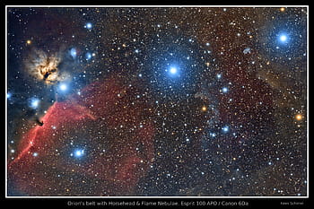 orionův pás, mlhovina pro koně, plamenová mlhovina, alnitak, alnilam, mintaka, astrofotografie, dslr, kánon 6d, Esprit 100 apo, prostor