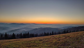 hory, západ slunce, Polsko, les, krajina, mlhavé krajiny, Příroda, podzim, beskids, Zywiec Beskids