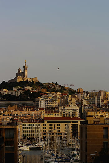 Marseille, městské panorama, notre dame de la garde, panoráma města, malebný výhled, budov, přístav, lodí, francouzská architektura, nábřeží, kultovní mezník