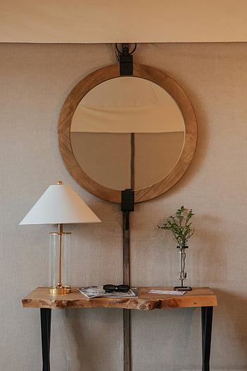 wooden furniture, home interior, round wooden mirror, modern lamp, elegant decor, wooden console table, stylish home, interior design, home decor, living room, console table