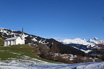 Εκκλησία, χιόνι, ορεινό τοπίο, Σιάτ, surselva, graubünden