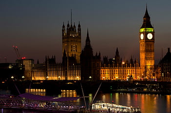 Big Ben, Westminster Palace, London, England, night, illuminated, Parliament, twilight, cityscape, river, bridge