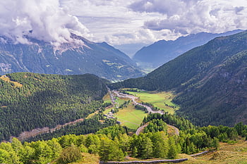 mountains, valley, alpine, clouds, panorama, nature, sky, graubünden, switzerland, travel, landscape