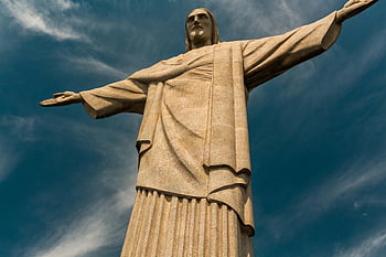 Kristus vykupitel, Rio de Janeiro, Brazílie, fotografování s nízkým úhlem, modrá obloha, socha, Kristus socha, mezník rio, slavný památník, náboženská socha, Kristus postava