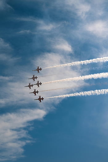 stíhačky, vojenské letouny, létání, jasné modré nebe, contrails, letecký displej, formace trysky, Sky Show, letectví, letecké show, vojenských letadel