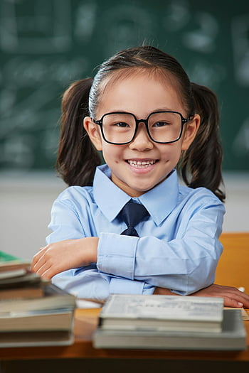 schoolgirl, glasses, smiling, uniform, blackboard, elementary school, desk, cheerful, books, classroom, education