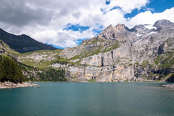 alpine Lake, oeschinen Lake, mountain, lake, swiss Alps, switzerland, nature, aerial View, landscape, bernese Oberland, alps