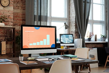 Monitorul computerului, configurarea biroului, Tendințe de publicitate, Afișare grafic, birou elegant, Proiectare spațiu de lucru, birou modern, ecranul computerului, Mediu de birou, Muncă de birou