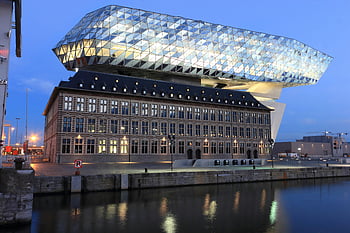 Werfe, Porthuis, moderne Architektur, Betonbau, Bucht, Nacht-, Dämmerung, Fluss Reflexion, atemberaubenden Blick, Hafen von Antwerpen, Belgien