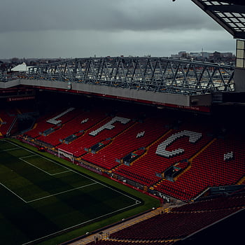 Stadion Anfield, liverpool fc, widok z lotu ptaka, wspaniały widok, Liverpool England, stadion piłkarski, czerwone siedzenia, obiekt sportowy, boisko do piłki nożnej, Architektura stadionu, Arena sportowa