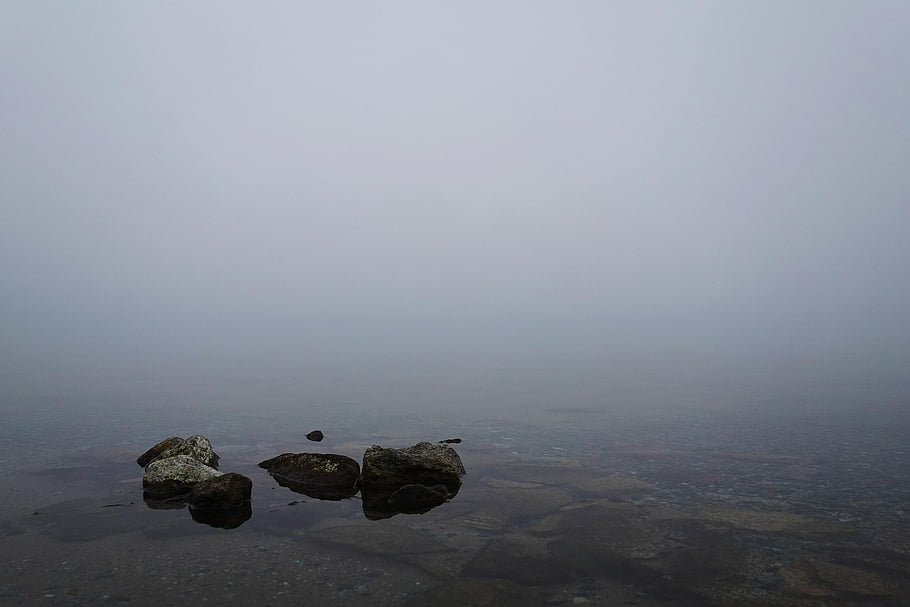 lake, stones, fog, water, surface, quiet, clear, view, blocked