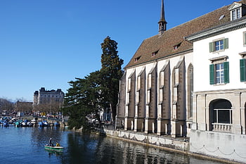 zurich, historic Center, limmat, flow, bellevue, water Church, boats, nature, mooring, tree, march