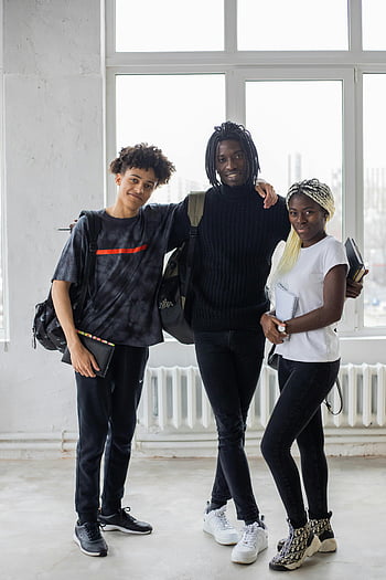 black students, notebooks, cheerful, college students, diverse group, standing together, indoors, window, education, youth, friendship