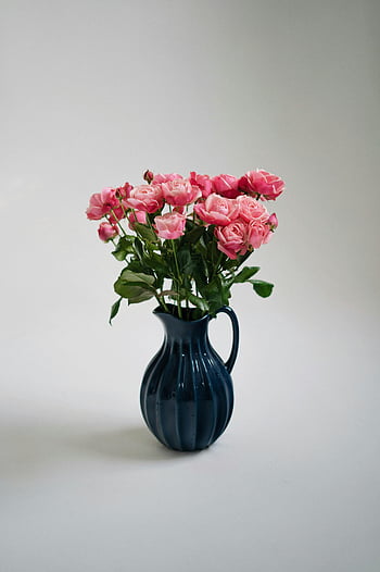 rosa Rosen, blaue Vase, lebendige Blumen, weißer Hintergrund, Nahansicht, Blumendekor, stilvolle Vase, Strauß, Innenarchitektur, Wohnkultur, Pink Rose Arrangement
