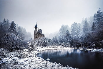 castle, lake, winter, fantasy, landscape, medieval, water, snow, nature, ai Generated
