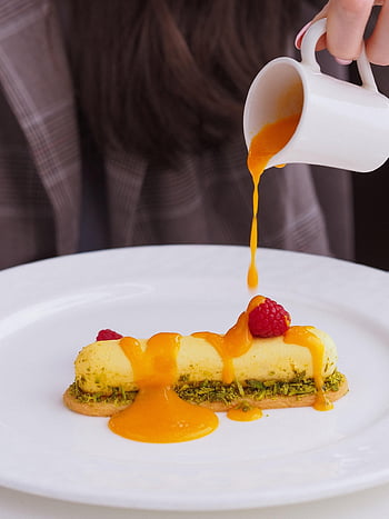 dessert, pastry, eclair, food, sugar, mango, pour, sweet, presentation, plating