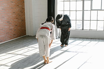martial arts, child, instructor, bowing, dojo, brightly lit, training, karate, gi, respect, tradition