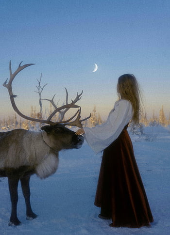 woman, reindeer, antler, winter landscape, crescent moon, serene, snow, nature, wildlife, interaction, evening