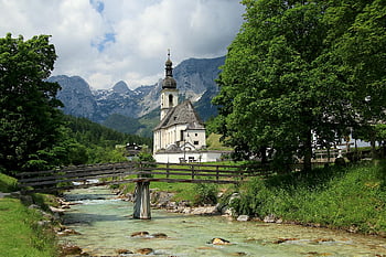 kostel, vesnice, údolí, hory, krajina, Příroda, bavaria, Německo, St Sebastian Church