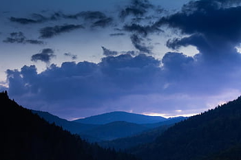 mountains, carpathian, forest, sunset, sunrise, valley, evening, blue, toned, clouds, cloudscape