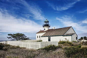 old Point Loma Lighthouse, nature, lighthouse, building, structure, historic, historical, landmark, fence, grass, sunny