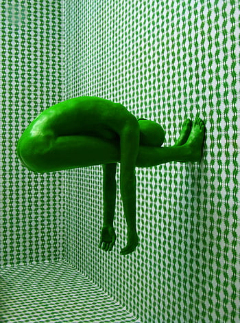digital illustration, green human figure, patterned wall, textured wall, artistic design, man figure, green figure, abstract art, modern art, digital art, 3D illustration