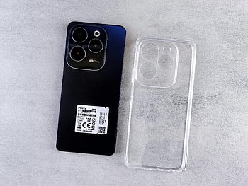 Infinix Hot 40 Pro, clear case, overhead view, top view, smartphone, transparent case, light background, mobile phone, device, tech product, electronics