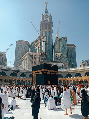 peziarah, kaaba, makkah, Arab Saudi, langit biru jernih, orang banyak, Kakbah yang suci, Mekah, Ziarah Islam, ABRAJ AL BAIT, masjid agung