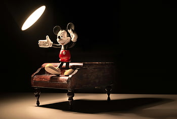 Mickey Mouse, figurine, standing, wooden piano, spotlight, Disney, miniature piano, collectible, toy, character, decoration