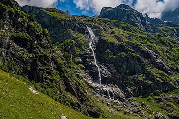 mountains, alps, waterfall, nature, landscape, switzerland, meadow, heaven, summit, mountain, rocky