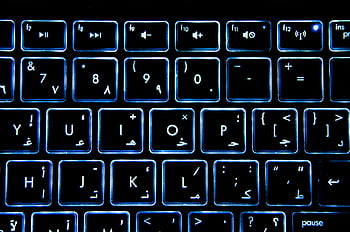 backlit keyboard, black keyboard, blue backlight, Arabic numerals, computer keyboard, detailed view, symbols, keyboard layout, illuminated keys, keyboard design, Arabic keyboard