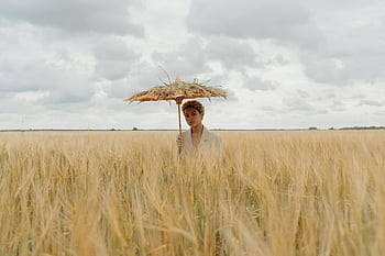 woman, umbrella, wheat field, cloudy sky, straw umbrella, outdoor scene, rural landscape, natural setting, countryside, female figure, agricultural field